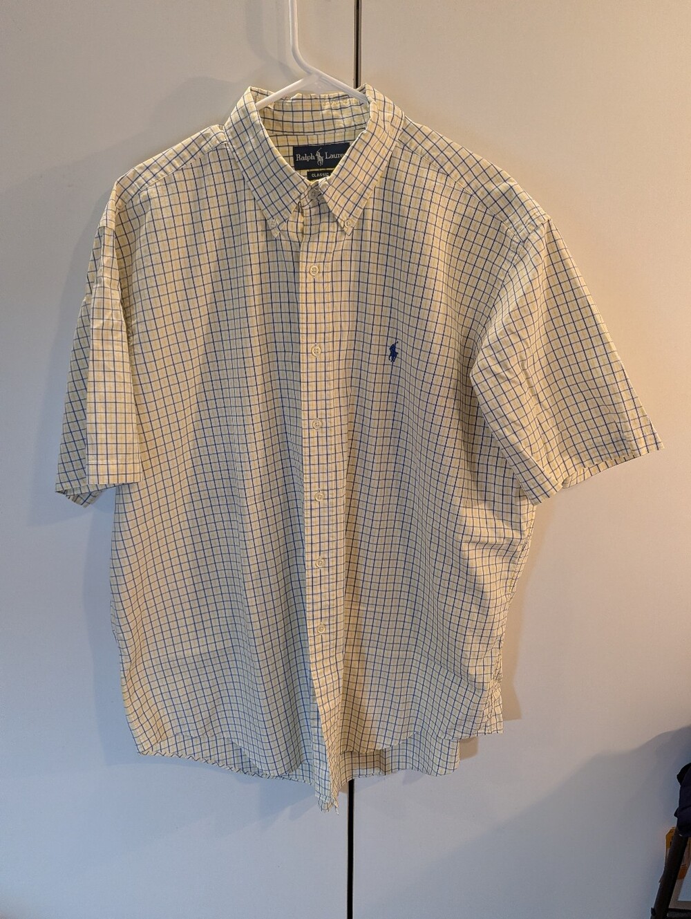 Ralph Lauren Mens XL Yellow Short-Sleeve Button-Down Shirt with Blue Check